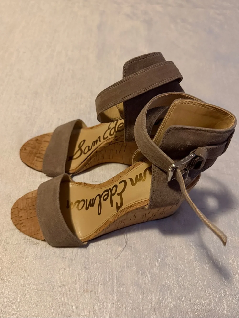 Sam Edelman Taupe Suede Ankle-Strap Cork Sandal Wedges
